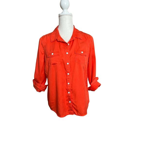 Crown & Ivy Button front Shirt collared solid coral orange Sz LP Long Sleeve - Picture 1 of 9